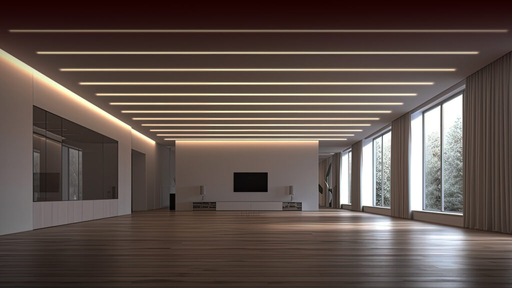 Vista dell'interno di un appartamento caratterizzato da una serie di luci installate in incavi nel controsoffitto in cartongesso, creando decori e gochi di luce per garantire uno spazio ampio e luminoso.